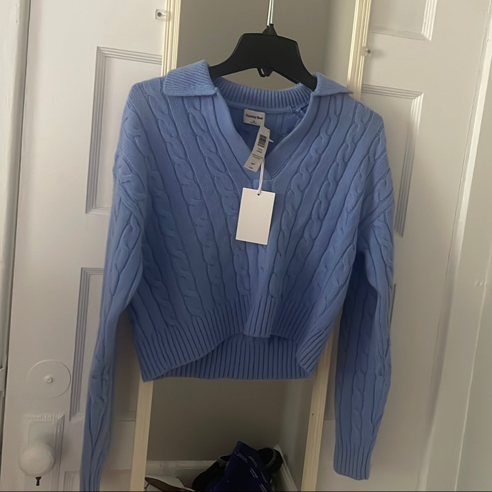 Sunday Best Light Blue V-Neck Cable Knit Sweater